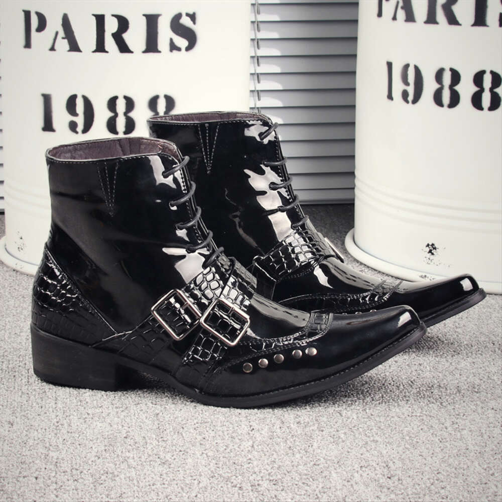 Men Pointed Martin S Lacquer Leather Punk Rivet Korean Edition Cowboy Short Barrel Lace Up Trendy Boots Ddmysaturn