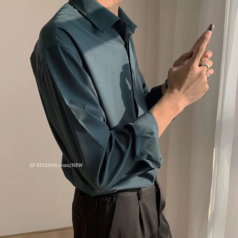 Casual White Shirt for Men Solid Color Ice Silk Long Sleeve Shirt Harajuku Loose Top Quality Drape White Japanese Streetwear 240615