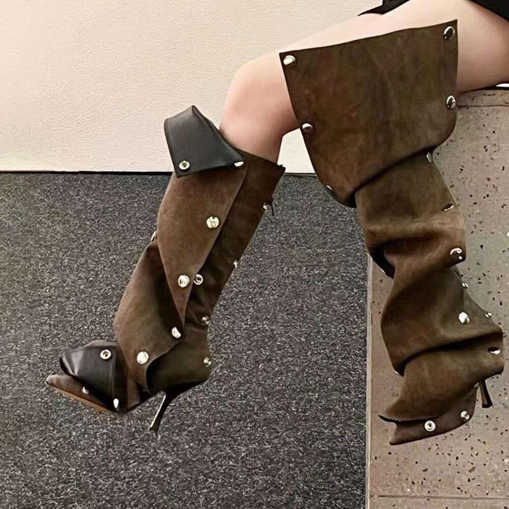 Heeled New High Pointed Metal Rivet Denim Patchwork Casual Two Wear Pile Up Knee Length Boots Ddmysaturn