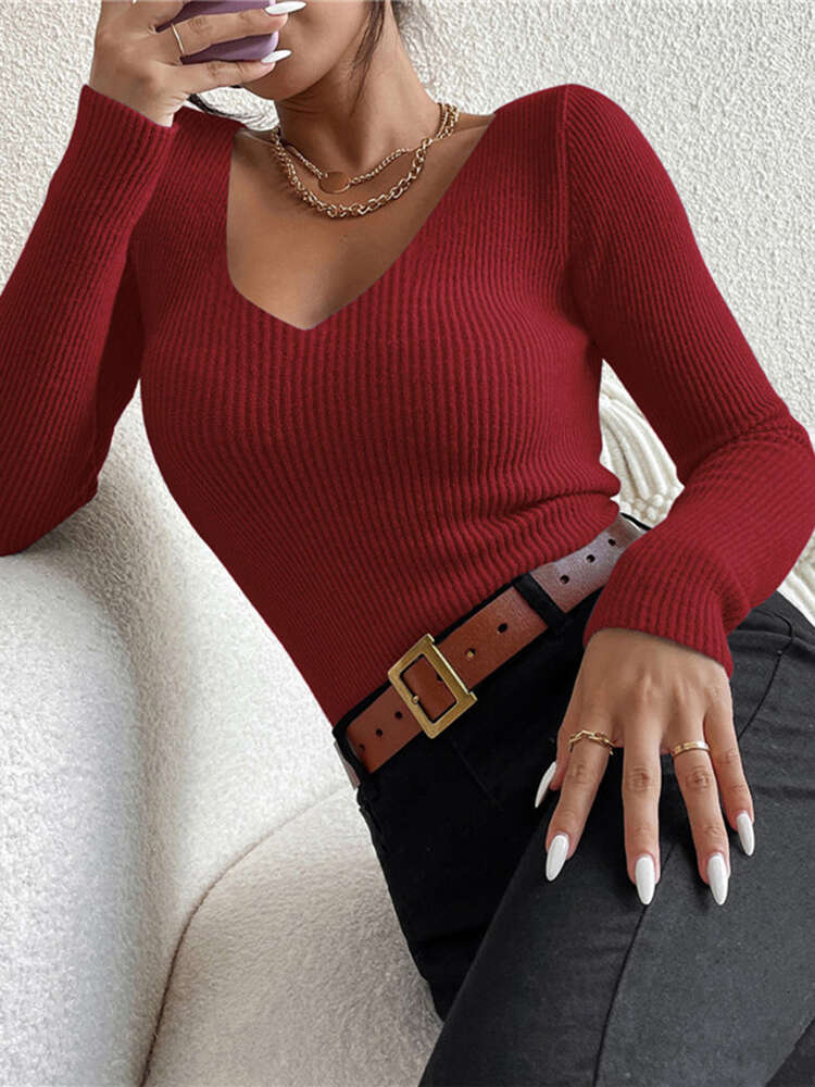 2024 Autumn Winter Women Solid Rib Knit V Neck Stripe Pull Sweater Femme Y2k Long Sleeve Pullover Jersey Tops Fashion Clothes F6.20#29 ddmymarket