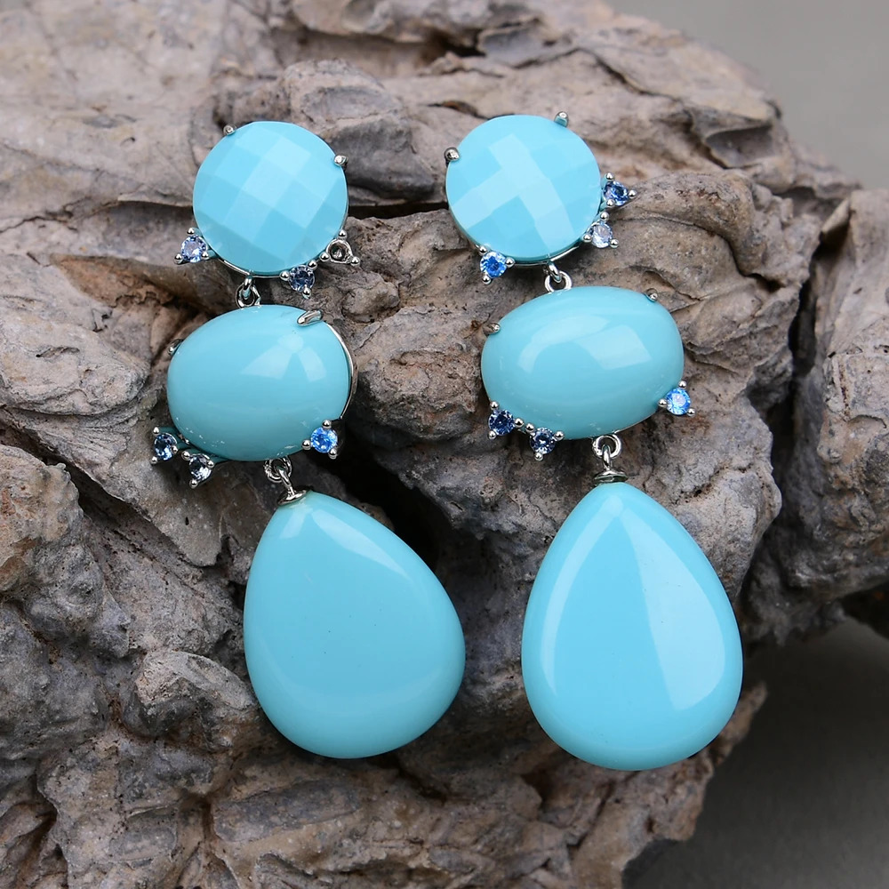GG Blue Turquoise Water Drop Shape Dangle Cz Beads Party Studs Earrings Gold Plated Dangle Earrings Gifts For Lady 240620