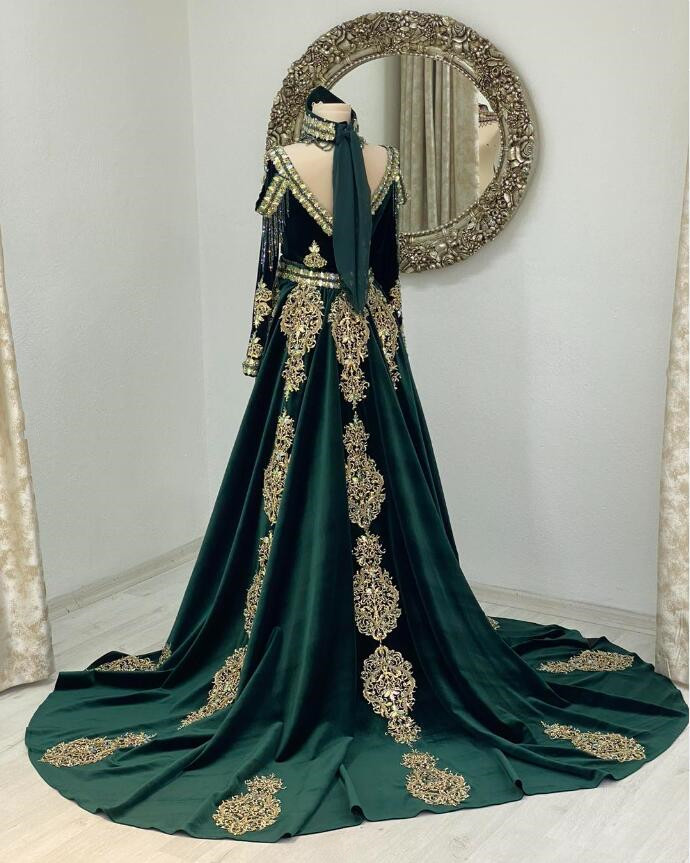 Hunter Green Velvet Morocca Caftan Prom Dresses Luxury Lace Applique Long Sleeve Arabic Kaftan Marocain Evening Gown Outfit