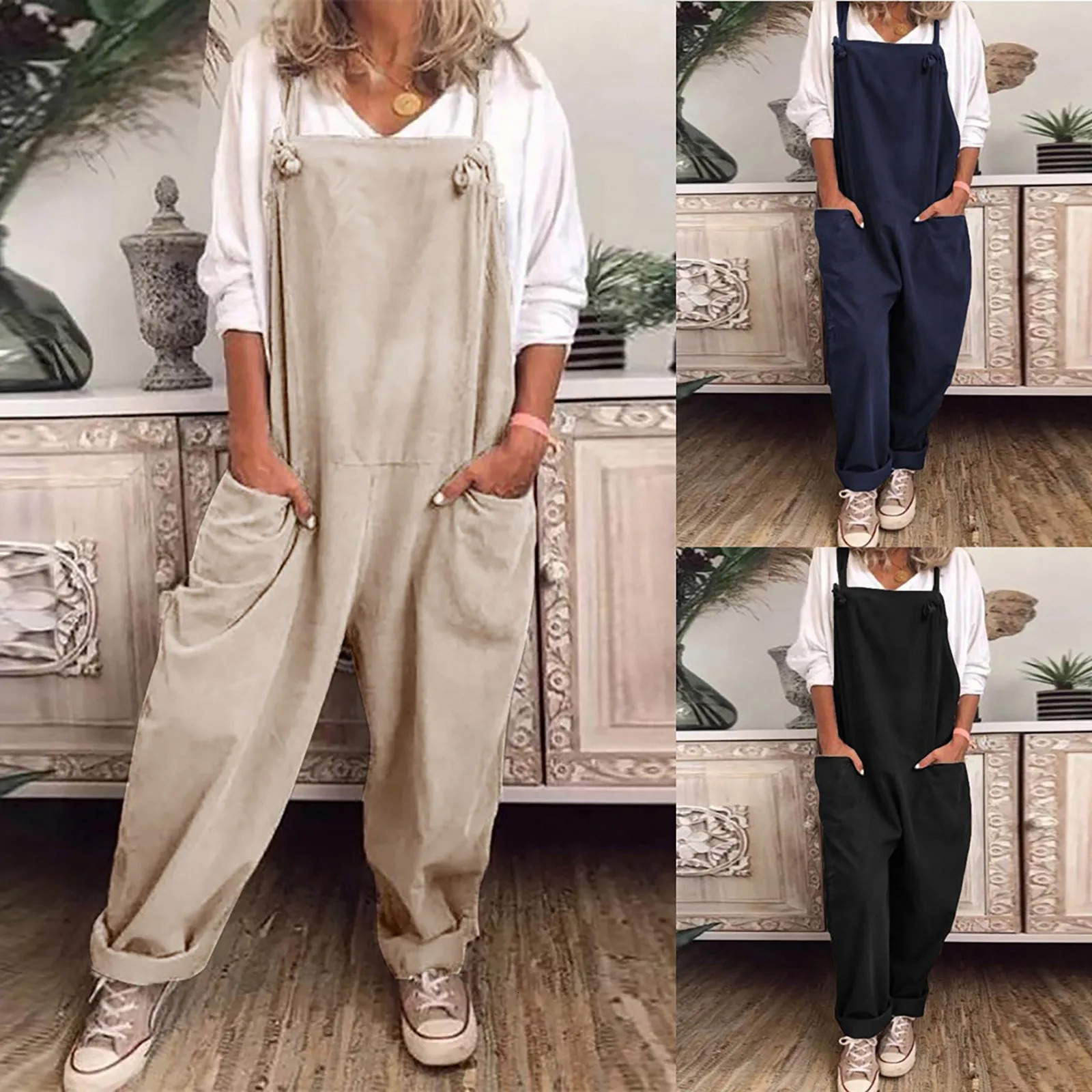 Solid Color Women Loose Knot Tie Cotton Linen JumWomens Plus Size Overalls Casual Loose Dungarees Romper Baggy Playsuit Jumpsuit 240618