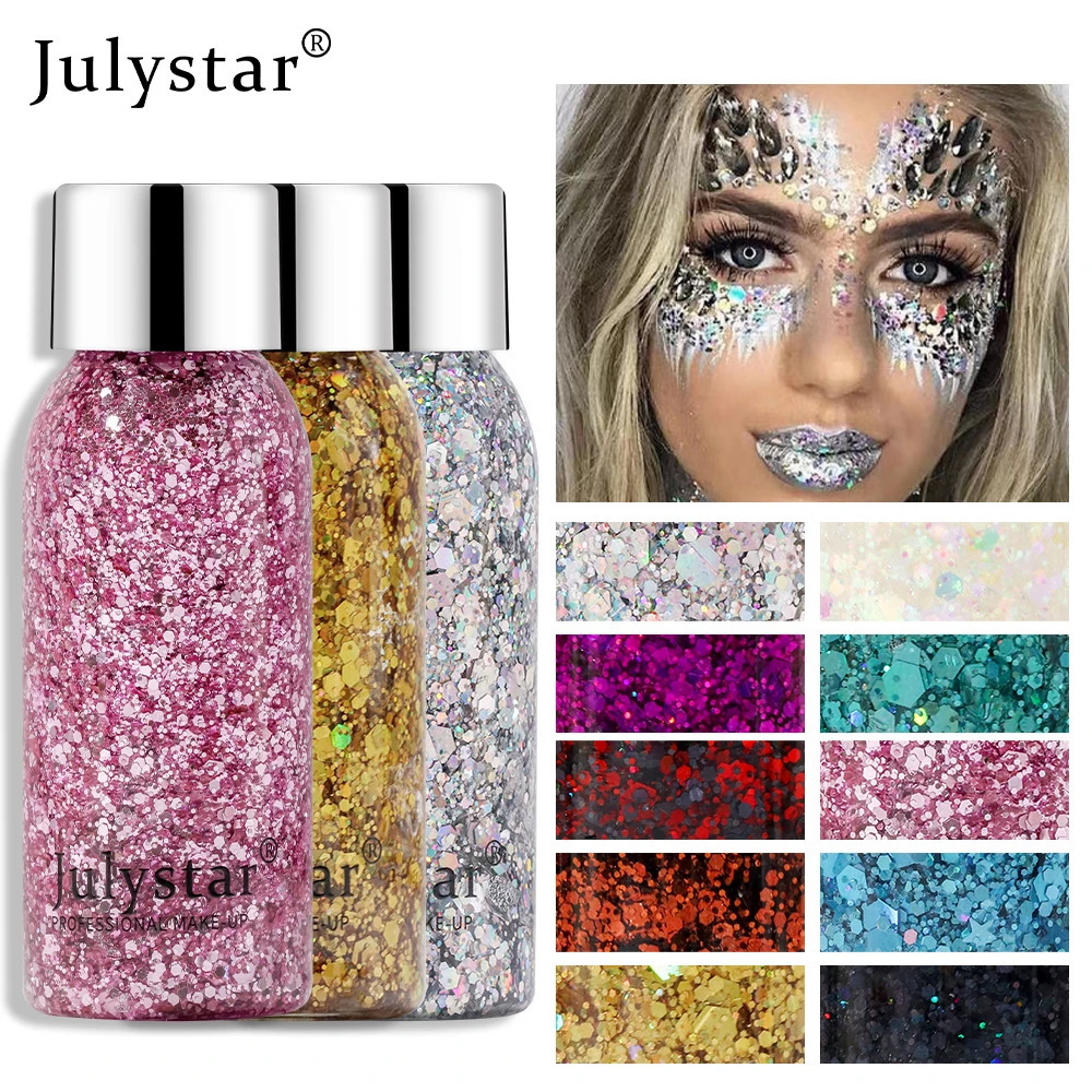 Julystar glitter eye shadow liquid face body sequin gel liquid eye shadow stage makeup 10 colors 240709