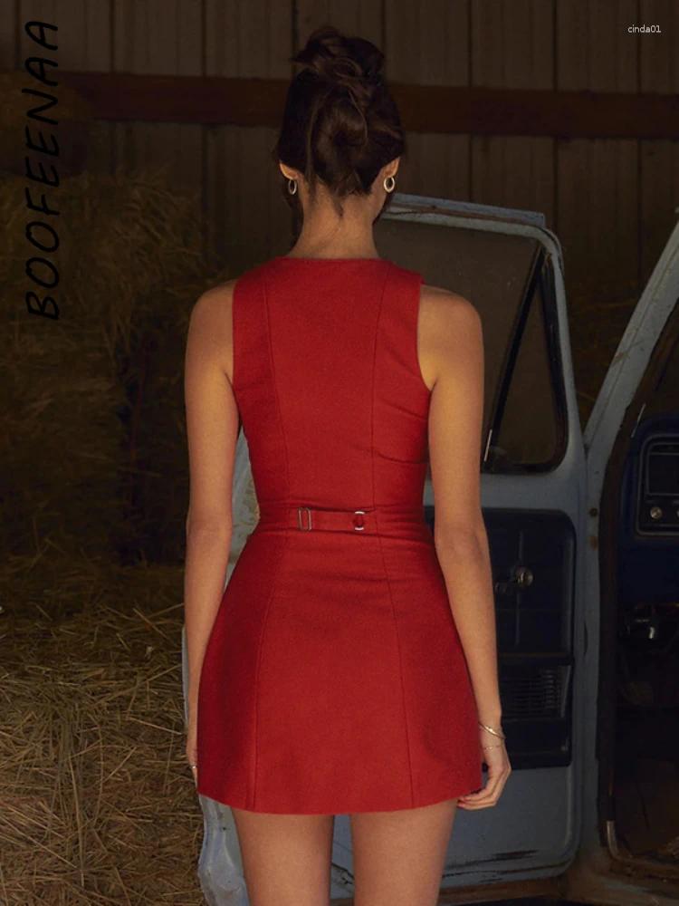 Casual Dresses BOOFEENAA Womens Fashion Button Up Sleeveless Mini Red Black Summer Dress Elegant Clothes C69-CH22 AAA Discount for in-store purchases