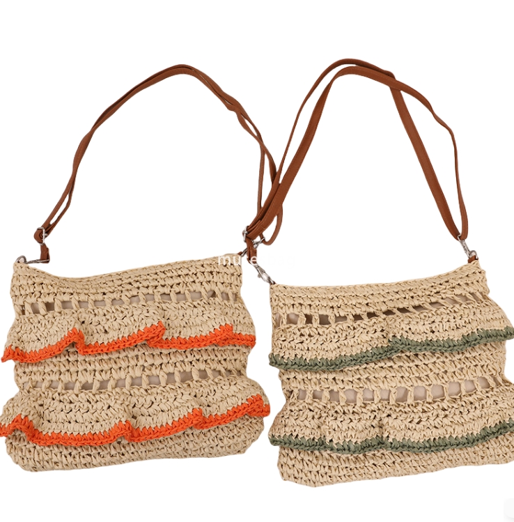 European and American women's high-end and convenient crossbody lace ruffle edge lightweight summer colorful grass bag woven bag beach vacation b