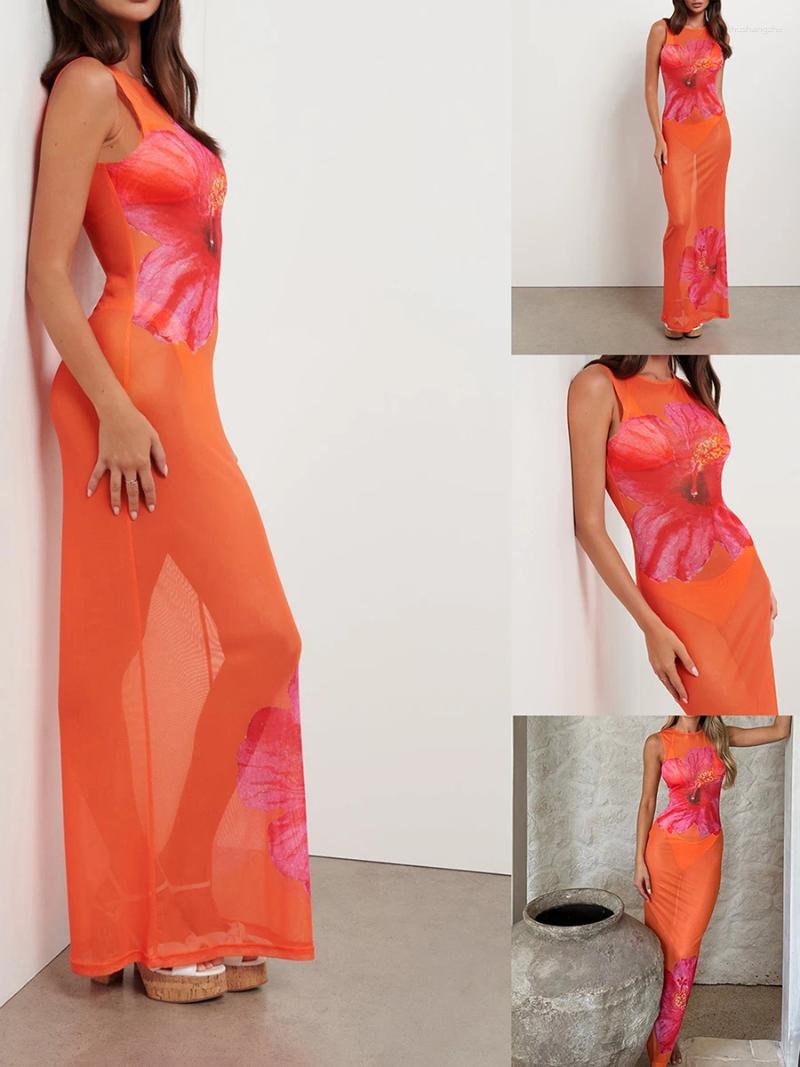 Casual Dresses Women S Round Neck Sheer Mesh Tank Dress Y2k Floral Print See Through Sleeveless Long Bodycon Beach Wear