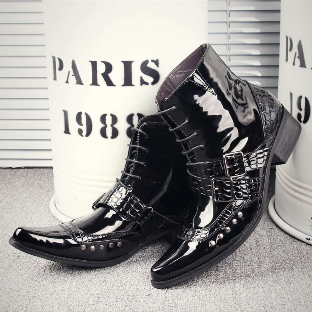 Men Pointed Martin S Lacquer Leather Punk Rivet Korean Edition Cowboy Short Barrel Lace Up Trendy Boots Ddmysaturn