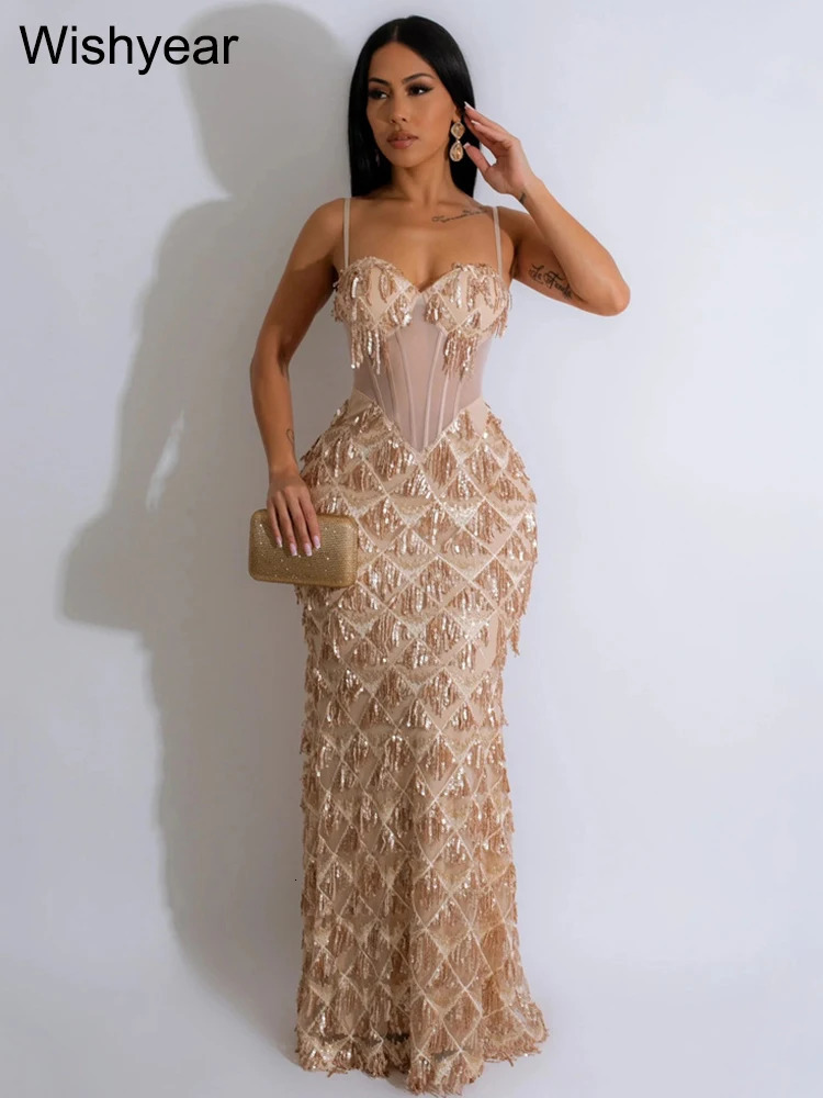 Sexy Nightclub Birthday Party Dresses for Women - Sequined Spaghetti Strap Mesh Patchwork Bodycon Maxi Vestidos C260312