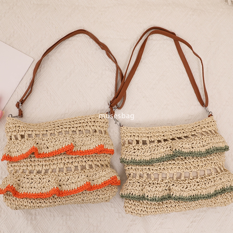 European and American women's high-end and convenient crossbody lace ruffle edge lightweight summer colorful grass bag woven bag beach vacation b
