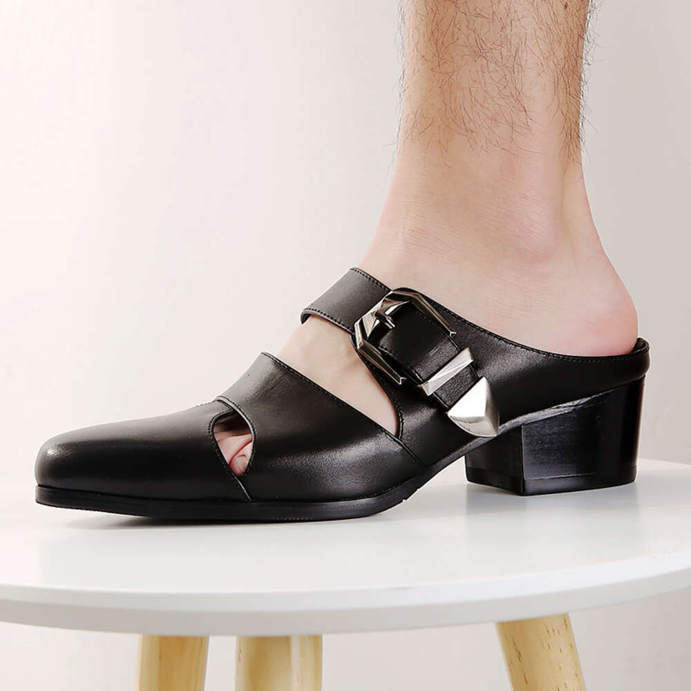 Cowhide Top Layer Foreskin Men S Pointed Half Cool Slippers Hollowed Out Leather Shoes Height Increasing Ddmysaturn