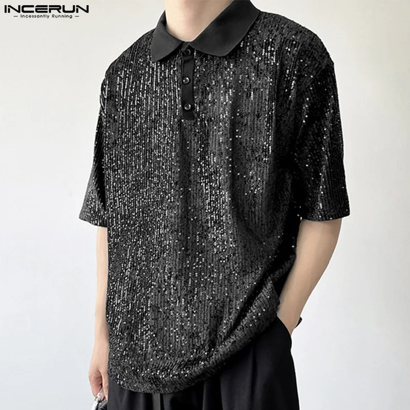 INCERUN Casual Mens Lapel Sequin Blouse Stylish Well Fitting Party Short Sleeve Button Shirts S-5XL INCERUN Tops 240615