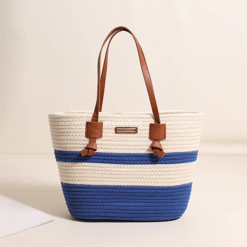 High end women's designer minimalist single shoulder cotton woven bag new large capacity and lightweight tote grass woven bag vacation style beac