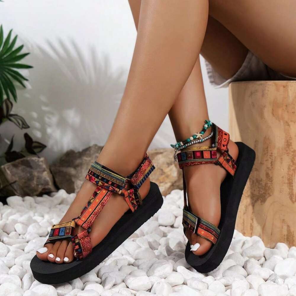 Oversized Women S Printed Flat Spring Summer New Thin Soled Ethnic Style Velcro Beach Sandals Ddmysaturn