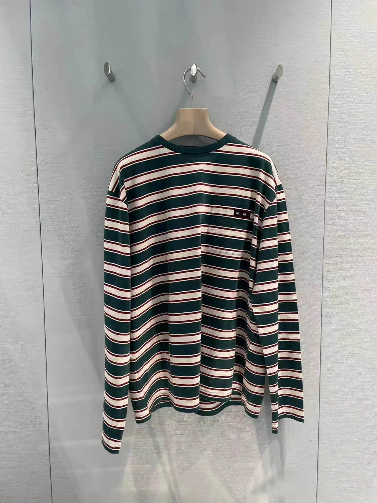 2024 Spring And Summer New Women Letter Embroidery Contrast Stripes Loose Round Neck Long Sleeve Casual T-Shirt