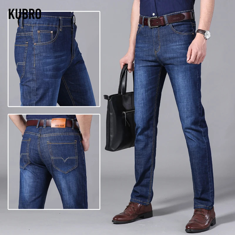 KUBRO Mens Jeans Summer Thin Pants Straight Blue Jean Baggy Casual Work Denim Pant High Elasticity Wide Leg Business Male 240619