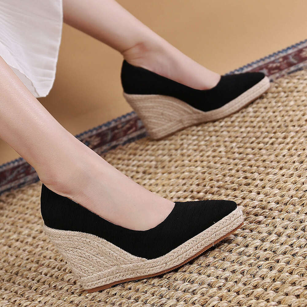 And Autumn Spring New Slope Heel Thick Sole Shallow Mouth Pointed Head Single For Women S Grass Woven Hemp Bottom Large Size Shoes Ddmysaturn