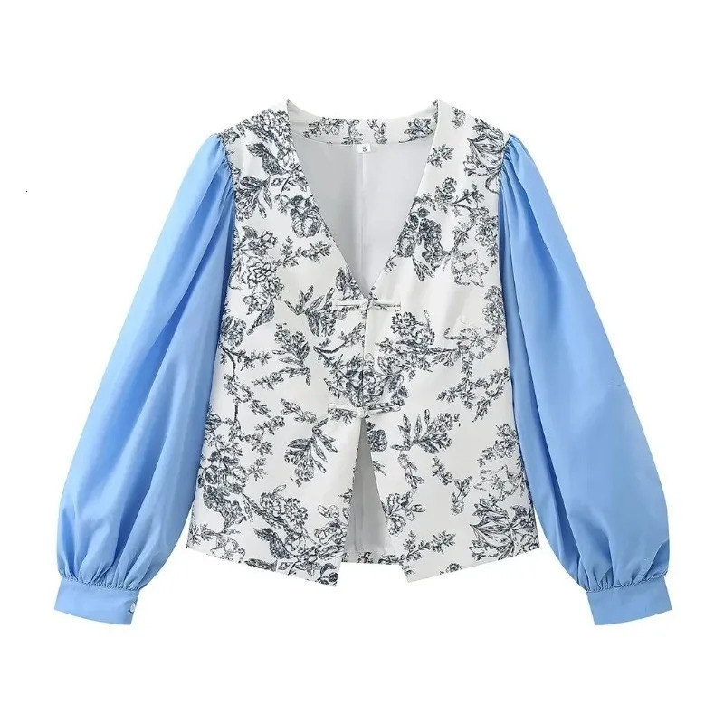 Women Floral Printed Lantern Sleeves Patchwork Shirt Casual Sex V Neck Jacket Clothing With Knot Button Spring Summer 240617