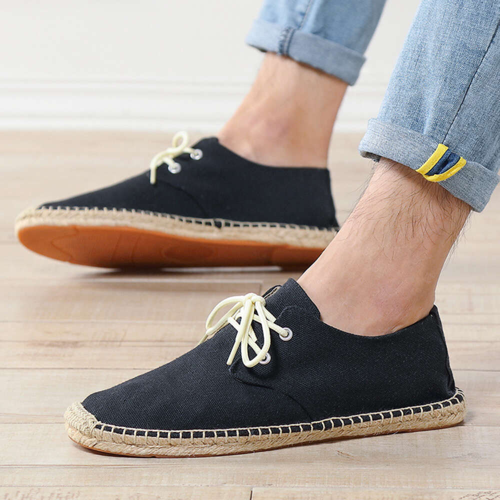 Autumn Spring And New Linen Canvas Men S Hemp Rope Lace Up Flat Bottom Grass Weaving Fisherman One Step Lazy Single Shoes Women Ddmysaturn