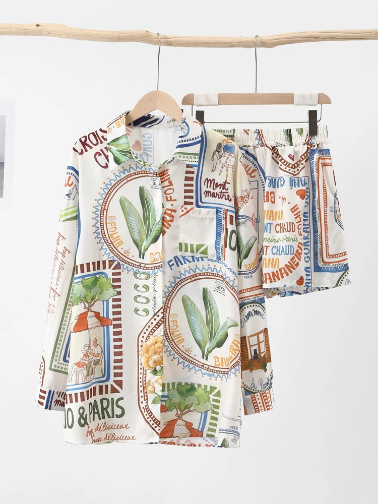 Fashion Printed Shirt Shorts Suit For Women Summer Female Short Sleeve Single Breasted Top Two Piece Set Lady Chic Pants Outfit