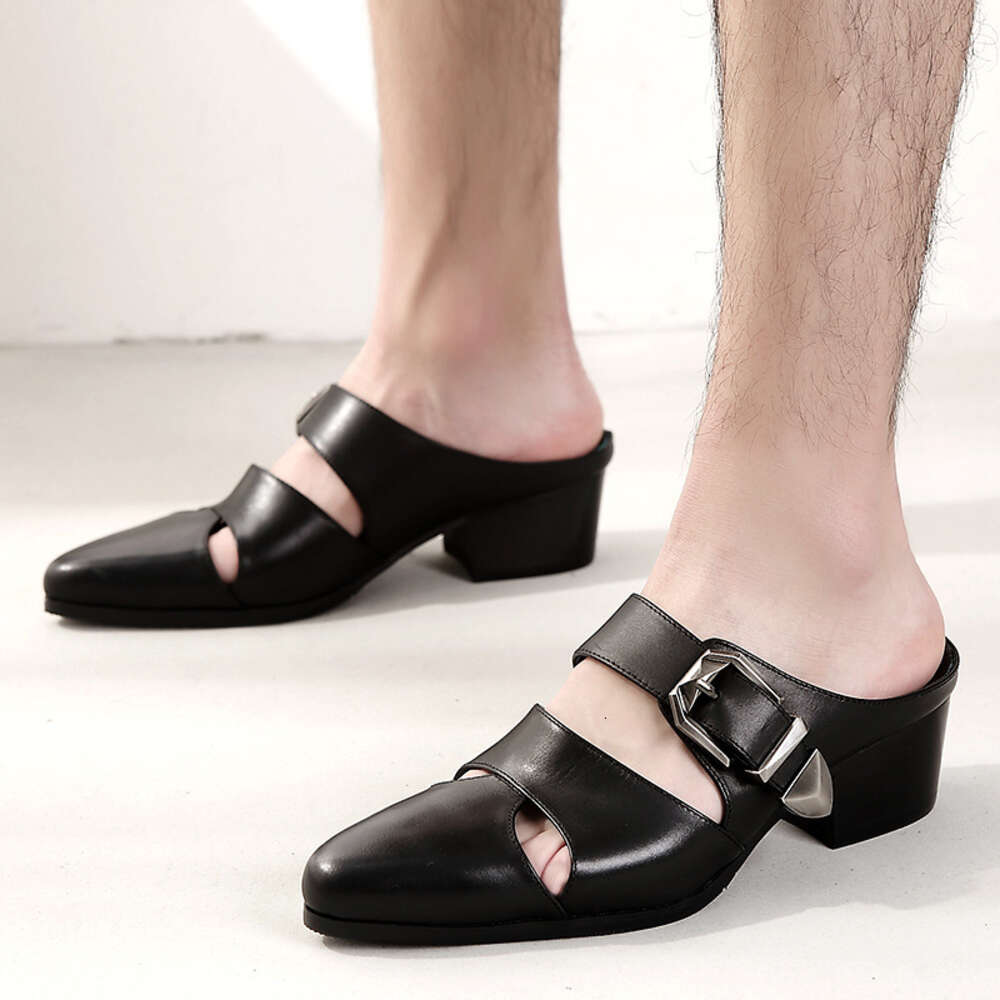 Cowhide Top Layer Foreskin Men S Pointed Half Cool Slippers Hollowed Out Leather Shoes Height Increasing Ddmysaturn