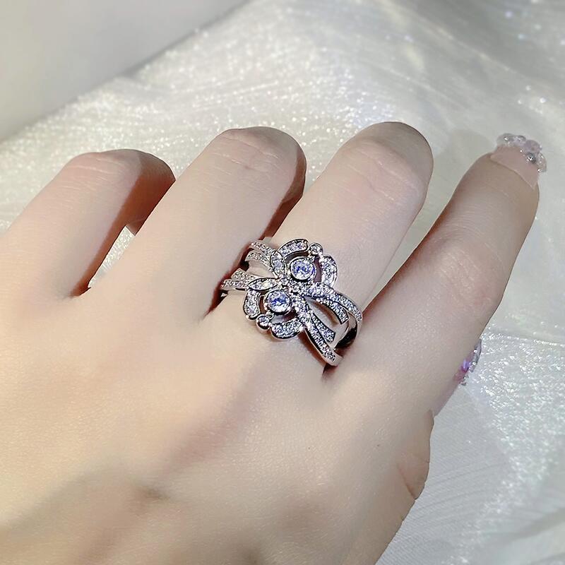 Brand Wedding Designer Rings Vintage Jewelry 925 Sterling Silver Sparkling Round Cut White Topaz CZ Diamond Eternity Party Women Flower Band Ring Gift