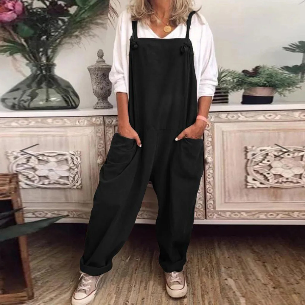 Solid Color Women Loose Knot Tie Cotton Linen JumWomens Plus Size Overalls Casual Loose Dungarees Romper Baggy Playsuit Jumpsuit 240618