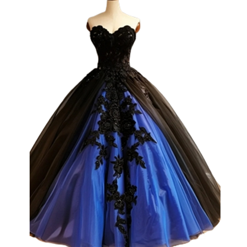 Gothic A-Line Wedding Dresses Black And Blue Floor Length Long Tulle Bridal Gowns Lace Appliques Beaded Sweetheart Neck Sleeveless Vintage Vestido Bac