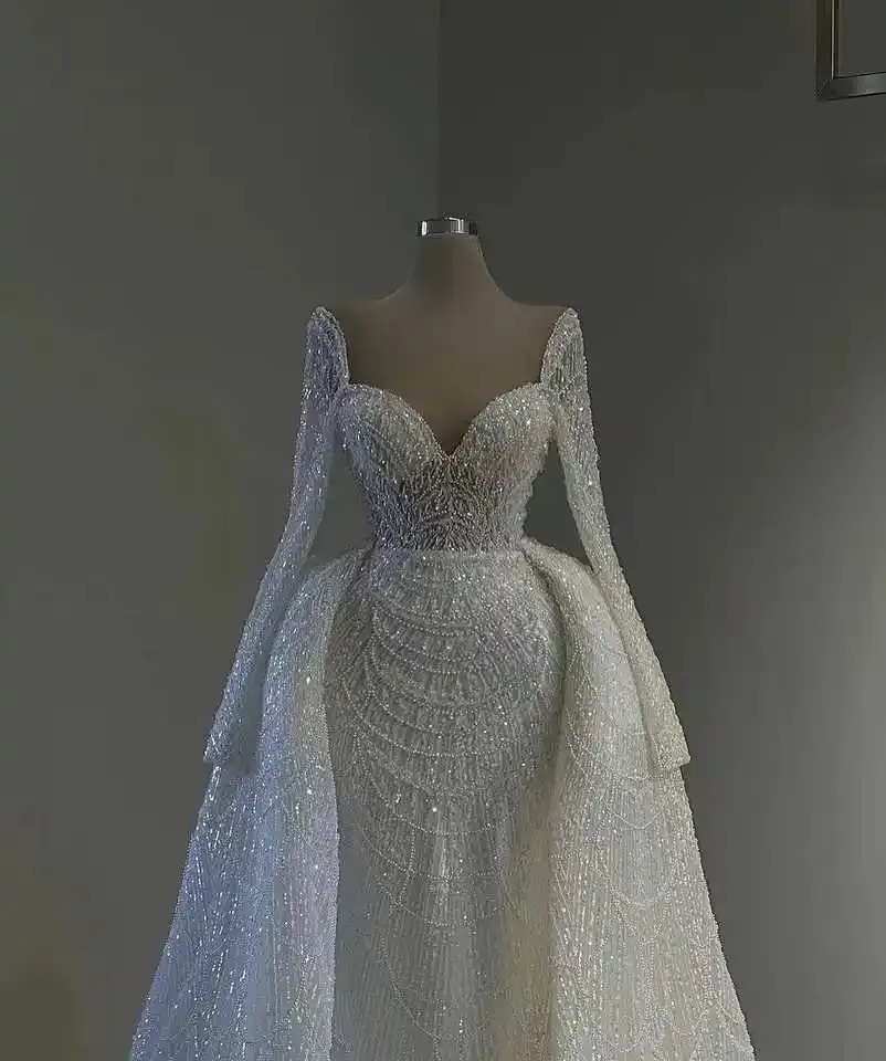 Wedding Crystal Mermaid Dresses Mariage Sheer Neck Long Sleeves Bridal Gown Beads Sequins Detachable Train Dress Custom Made Vestidos De Novia