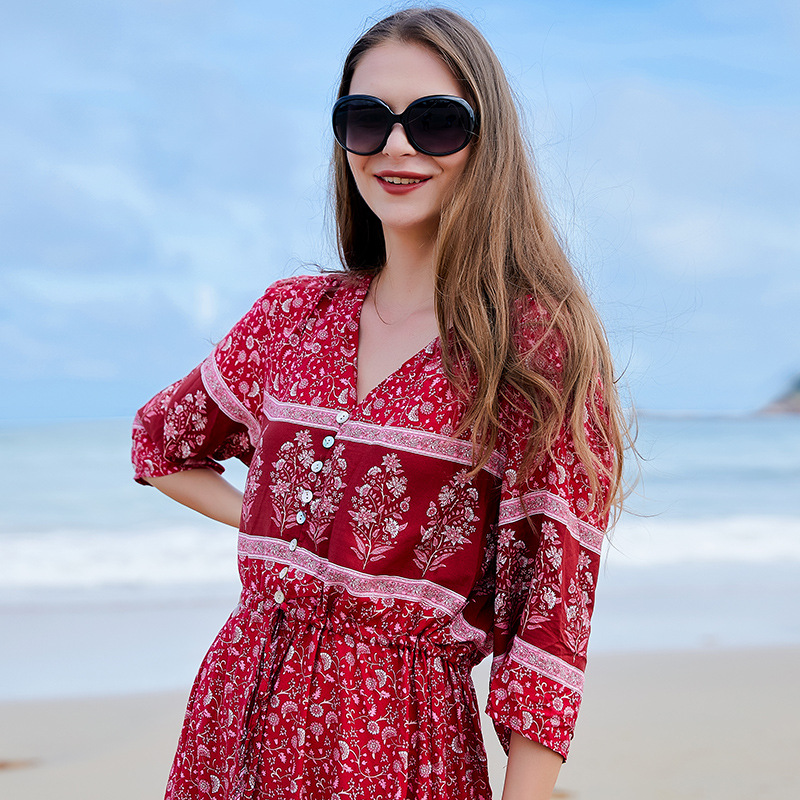 Bohemian V-neck seaside oversized floral breasted dress with slit at the hem
