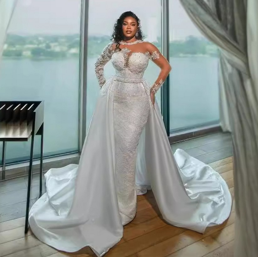 Mermaid African Wedding Dress With Detachable Train O Neck Long Illusion Sleeves Lace Appliques Bride Gown Vestidos De Novia Custom Made