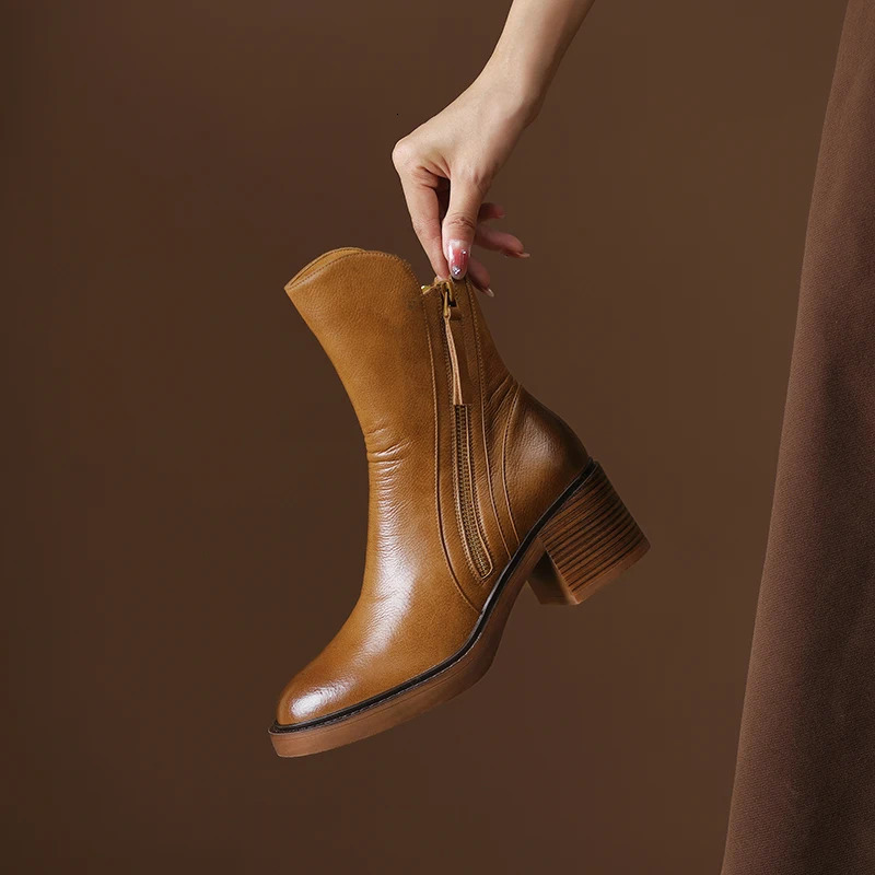 Autumn Winter Women Shoes Leather Short Boots for Women Round Toe Chunky Heel Boots Zipper Ankle Boots Female Platform Heel 240620