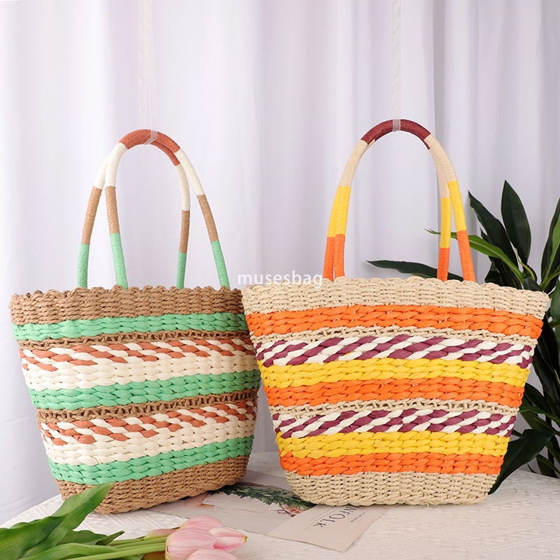High end Women's Korean Colorful Splicing Handheld Large Capacity Retro Large Capacity Versatile Vertical Paper Rope Women's Bag Casual Beac