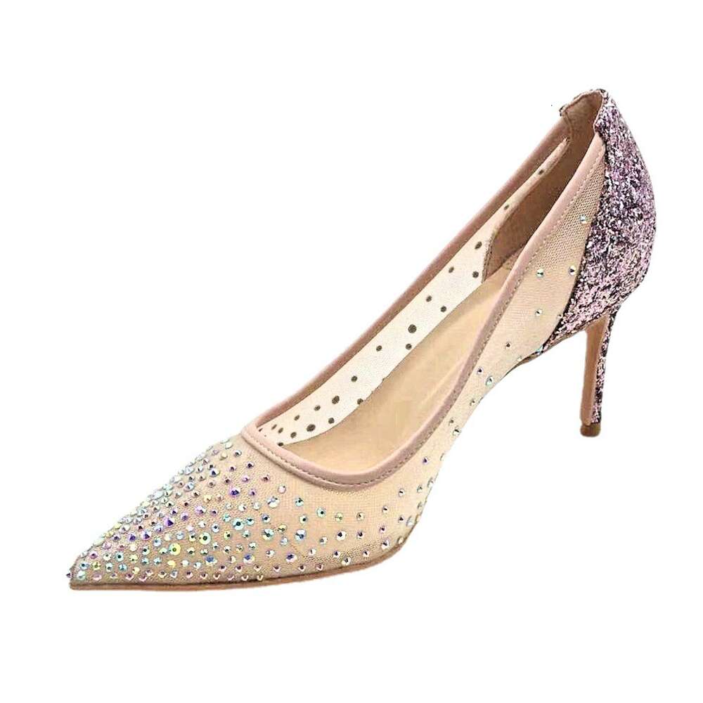 Fashion single shoe pointed sequin rhinestone slim women's mesh high heels wedding 8cm shoes