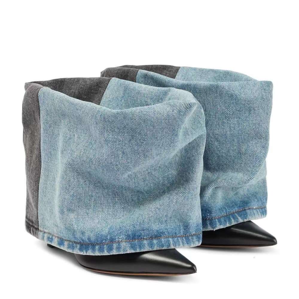 New Autumn Winter Women S Denim Colored Pointed High Heel Short Sexy Trouser Sleeve Naked Boots Trend Ddmysaturn