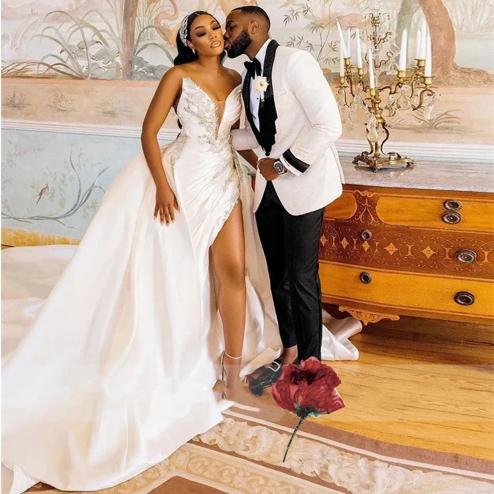 Plus Size Arabic Wedding Dress High Split Pleat Mermaid Bridal Gown Sweetheart Satin Aso Ebi Crystals Bride Dress with Detachable Train 2024 Custom ma