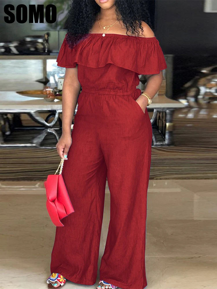 SOMO Plus Size Shawl Sleeve Romper Women Jumpsuit Bodysuit Fashion Solid Wide Leg Pant Jumpsuit Overalls Wholesale Drop 240618
