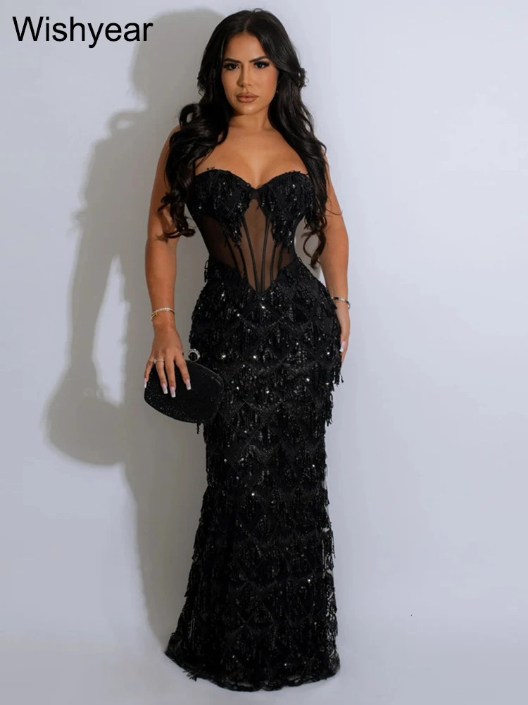 Sexy Nightclub Birthday Party Dresses for Women - Sequined Spaghetti Strap Mesh Patchwork Bodycon Maxi Vestidos C260312