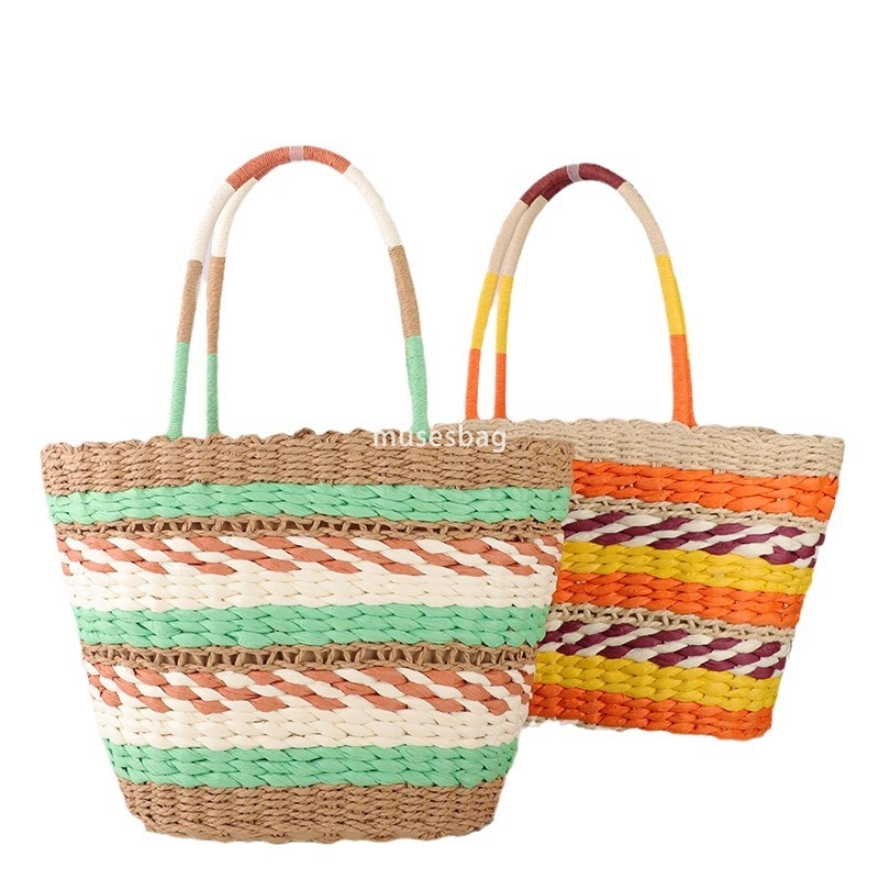 High end Women's Korean Colorful Splicing Handheld Large Capacity Retro Large Capacity Versatile Vertical Paper Rope Women's Bag Casual Beac