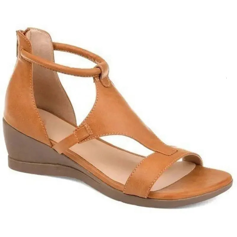 Summer 2024 WomenS Vintage Open Toe Sandals Ladies Wedges Sandals PU Leather Mid Heel Beach Shoes Female Plus Size 43 240619