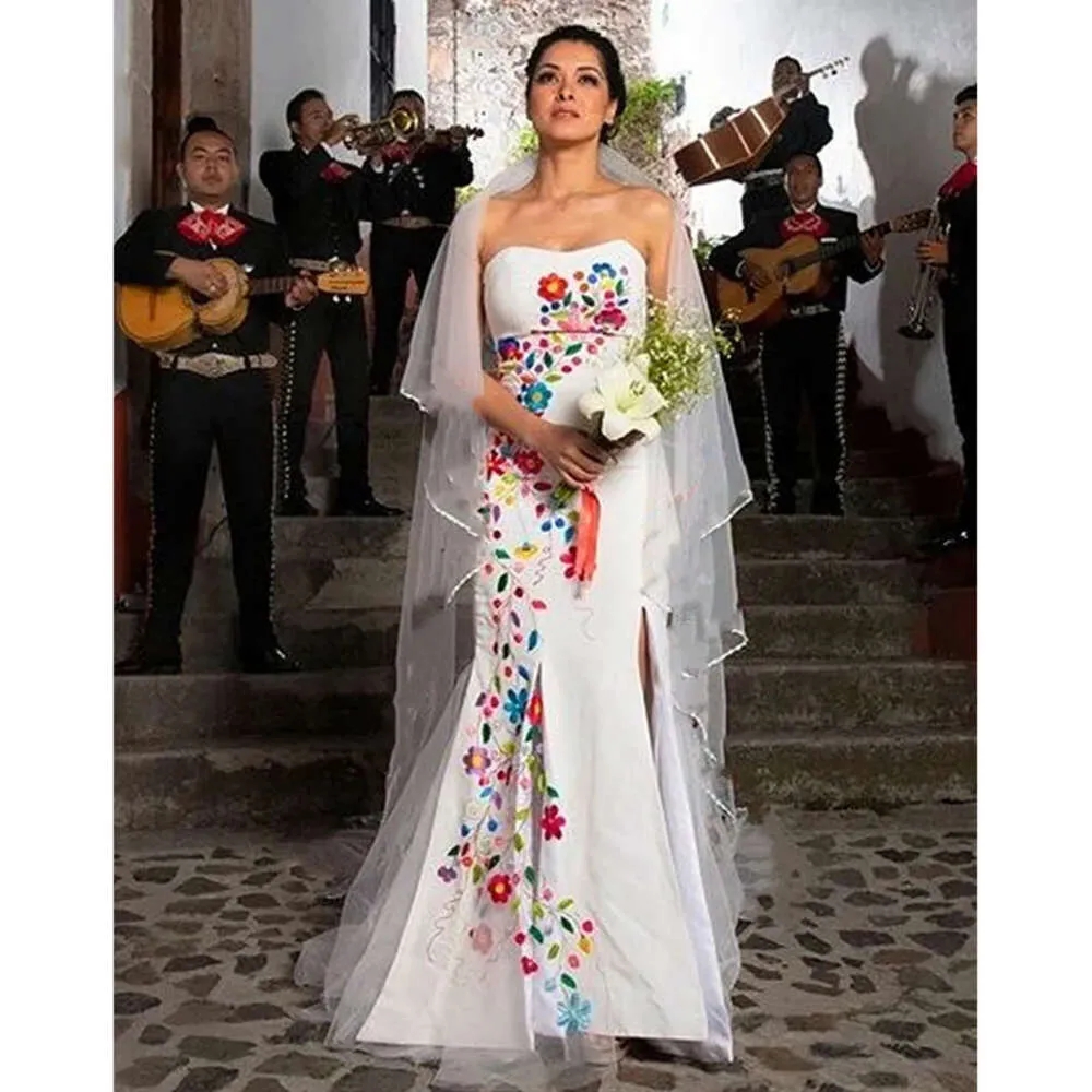White Mermaid Wedding Dresses: Mexican Charro Modern Embroidery wers Boho Bridal Gown