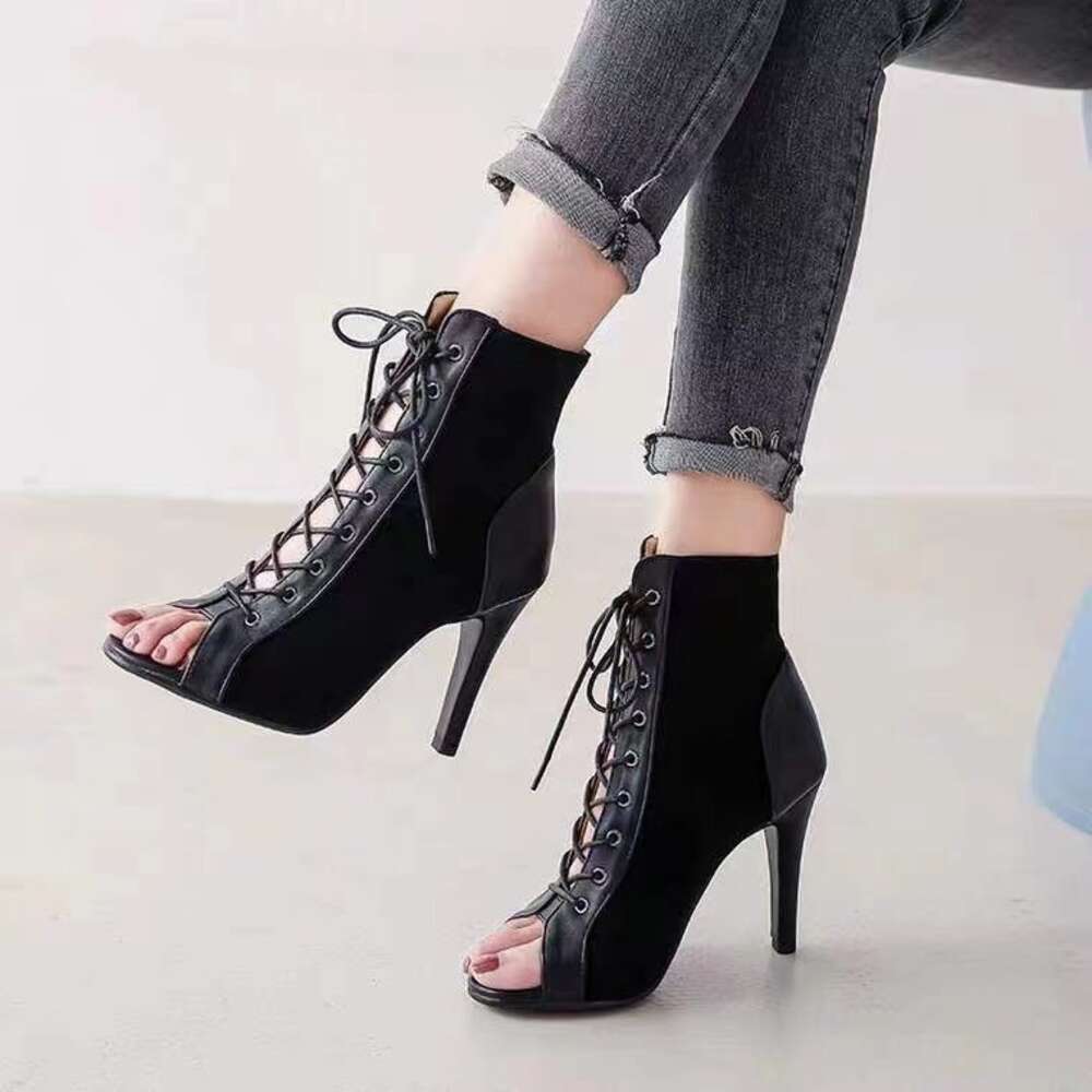 Slim Large Size High Heels Mesh Hollow Sexy Sandals Fashionable Lace Up Fabric Fish Mouth Cool Boots Ddmysaturn
