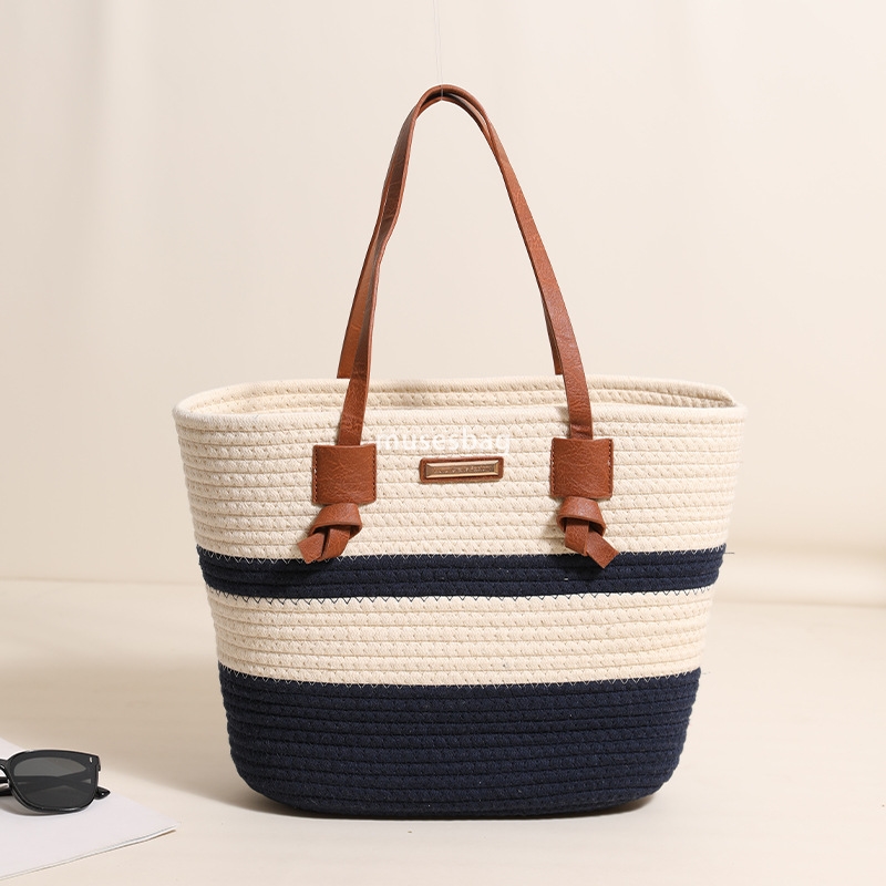 High end women's designer minimalist single shoulder cotton woven bag new large capacity and lightweight tote grass woven bag vacation style beac