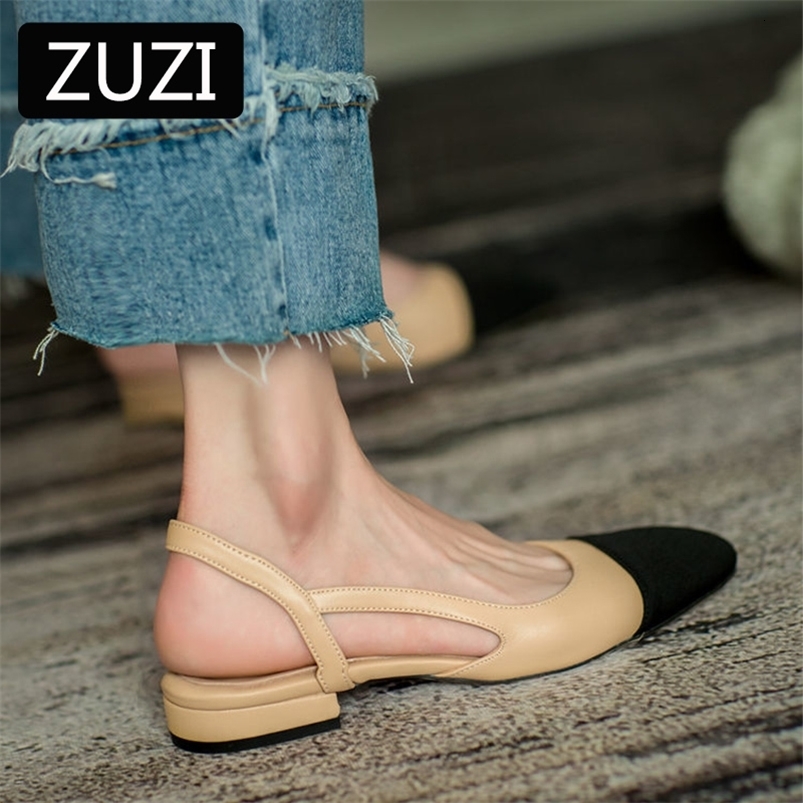 ZUZI Women Sandals Leather Small Fragrant Pumps Female Retro Pointed Toe Hollow Thick Heel Baotou High-heeled Shoes 240619