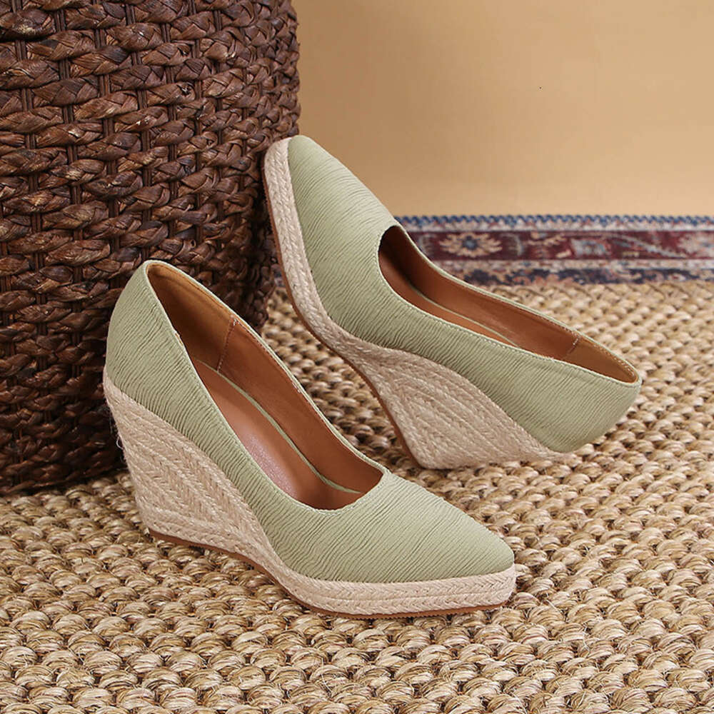 And Autumn Spring New Slope Heel Thick Sole Shallow Mouth Pointed Head Single For Women S Grass Woven Hemp Bottom Large Size Shoes Ddmysaturn