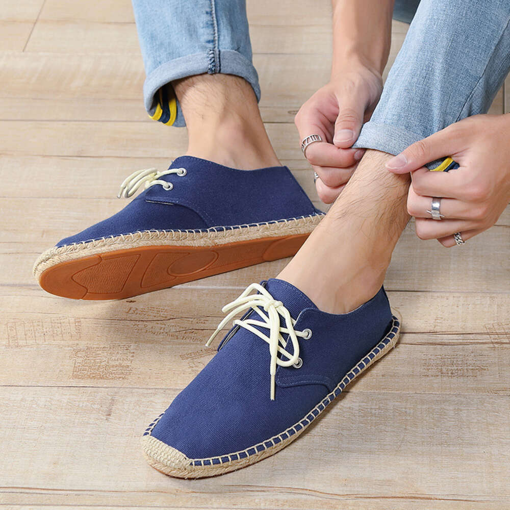 Autumn Spring And New Linen Canvas Men S Hemp Rope Lace Up Flat Bottom Grass Weaving Fisherman One Step Lazy Single Shoes Women Ddmysaturn