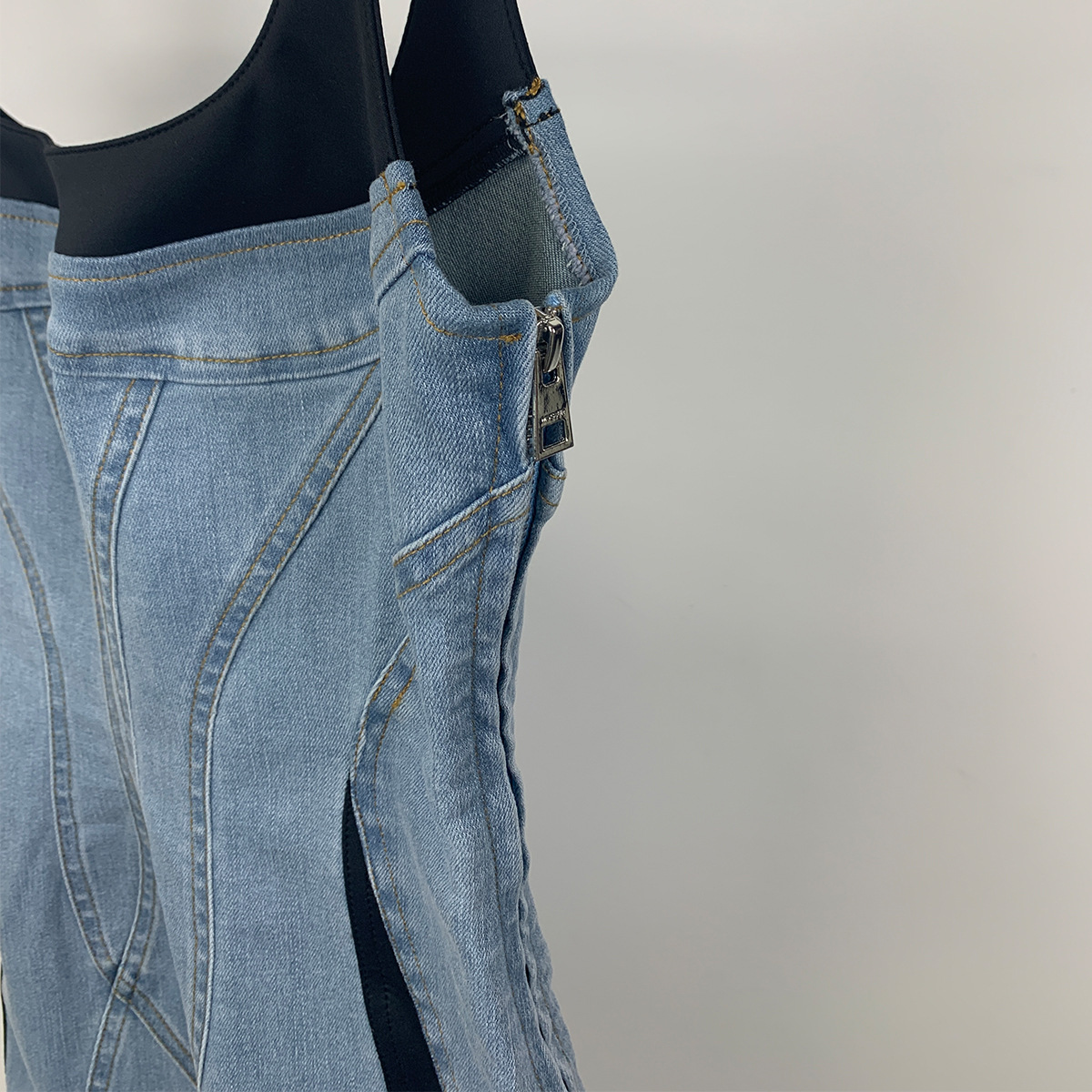 DEAT New Fashion Womens Patchwork Elastic Denim Sling Dress 2024 Spring Trendy Sleeveless Wrap Hip Dresses Female