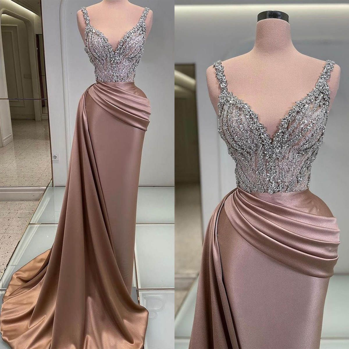 Gowns Stylish Evening Crystal Prom Dress Spaghetti Straps Sleeveless Beading Party Dresses With Sweep Train Vestidos De Noche Es 0919