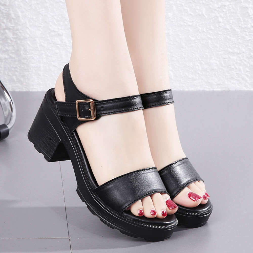 Heeled Thick High Heels Waterproof Platform Fashion A Straight Line Strap Exposed Toe Leather Sandals For Women With Beach Shoes Ddmysaturn