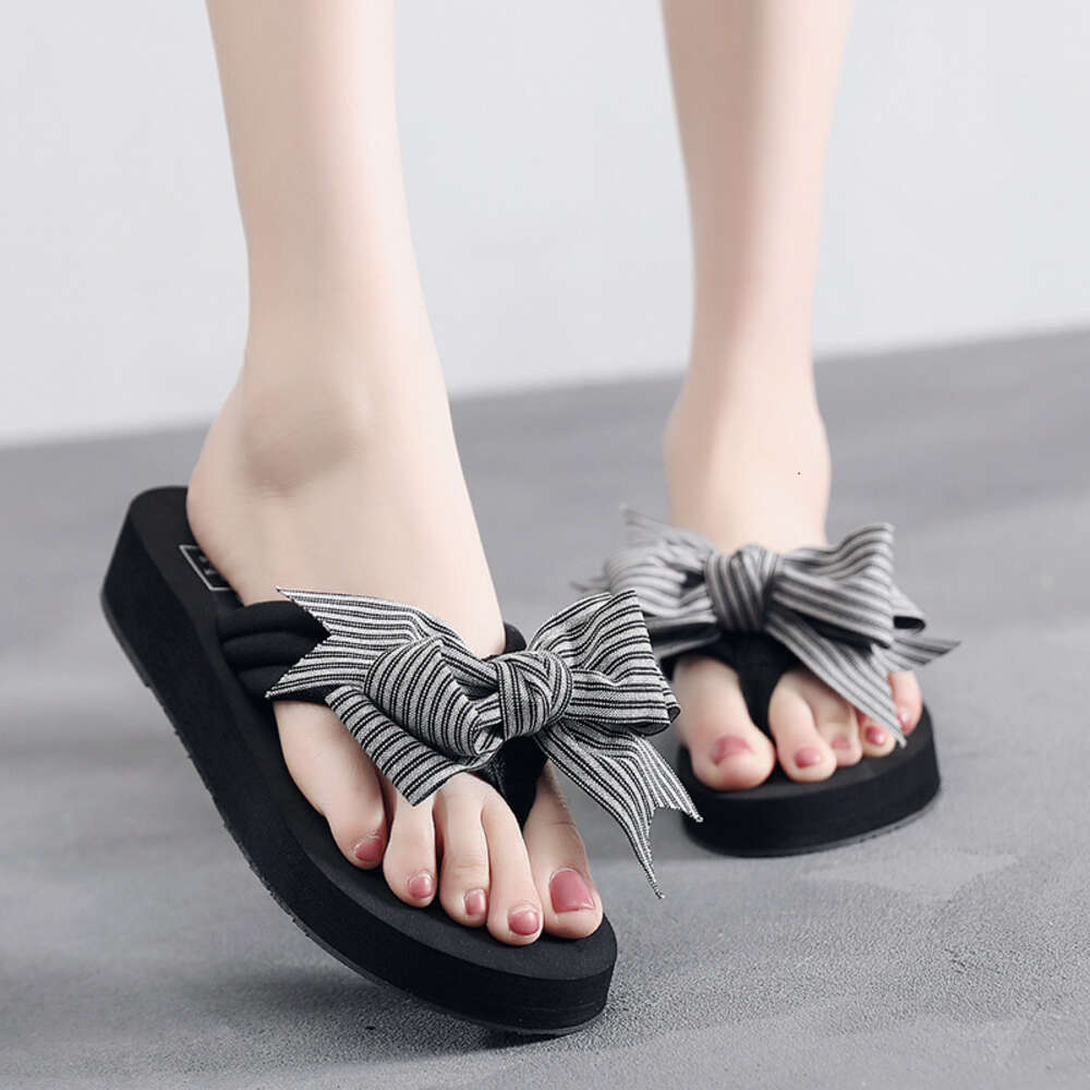 Bow High Heeled Shaped Herringbone Drag Style Sponge Cake Thick Sole Anti Slip Sandals Vacation Slippers For Women Ddmysaturn